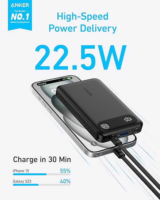 Anker Power Bank, 10,000mAh Portable Charger Black Built-in USB-C Cable and Lanyard, 22.5W Max Output with 2 USB-C and 1 USB-A Port- A1388