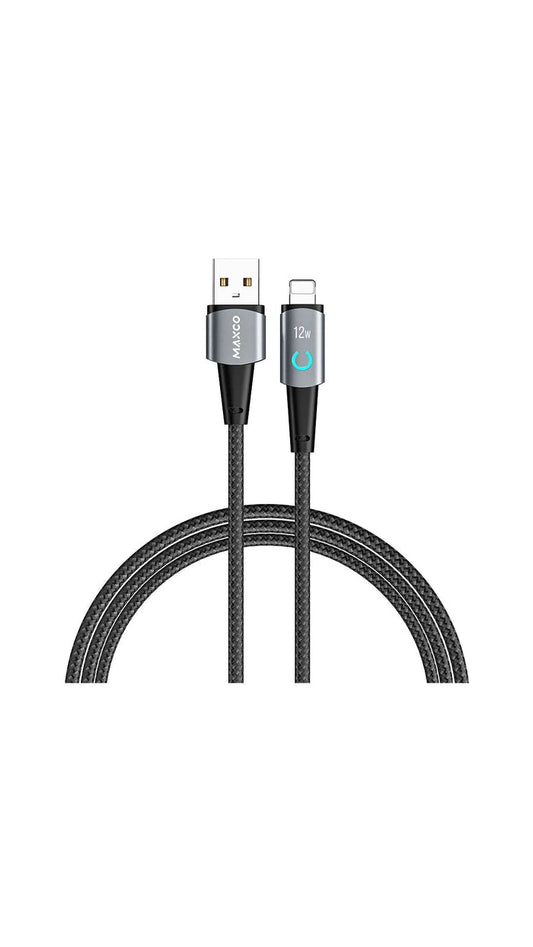 Maxco MS07L Braided Cable 2.4A USB to Lightning with Light Display 120CM - Black Gray