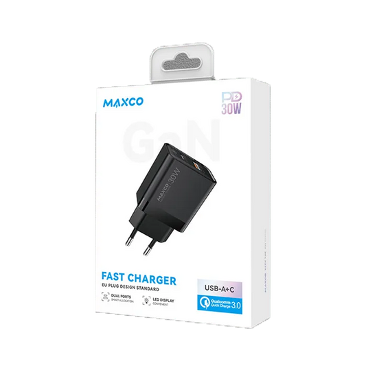 Maxco MC12E GaN Fast Charger PD 30W Dual Ports EU Plug Design Standard - Black